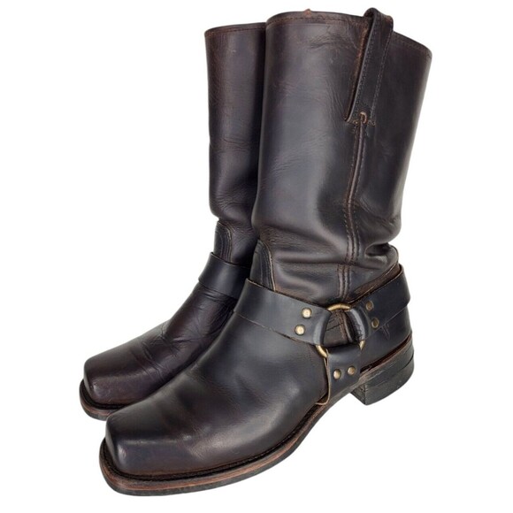 Vintage 80s FRYE Leather Harness Square Toe Moto Cowboy Boot Men's Size 10 Brown - Picture 3 of 16